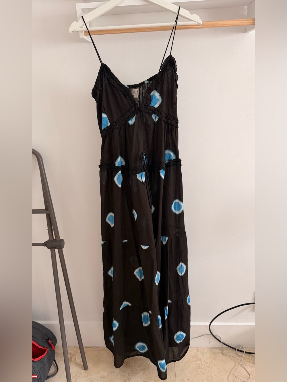 Par y Escala Black Maxi Dress with Blue Tie-Dye Accents